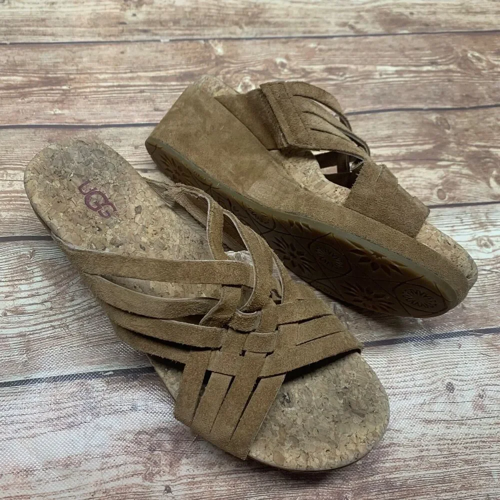 UGG‎ AUSTRALIA Women’s 7 Lilah Chestnut Brown Suede Wedge Slide Sandals 1019976